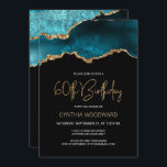 Elegant Blauwgroen Gold Agate 60th Birthday Party Kaart<br><div class="desc">Deze trendy 60ste verjaardagsuitnodiging is voorzien van een waterverf afbeelding van een agate geode in tinten van blauwgroen met faux goudhoogtepunten. De woorden "60th Birthday" staan in faux goudglitter in decoratief modern handschrift. Pas het met de naam van de eer in gouden gekleurde teksten en de details in wit aan....</div>