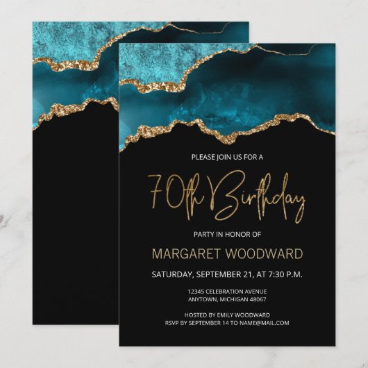 Elegant Blauwgroen Gold Agate 70th Birthday Invita (Voorkant / Achterkant)