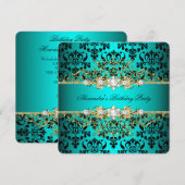 Elegant Blauwgroen Gold Black Damask Birthday Part Kaart (Voorkant / Achterkant)