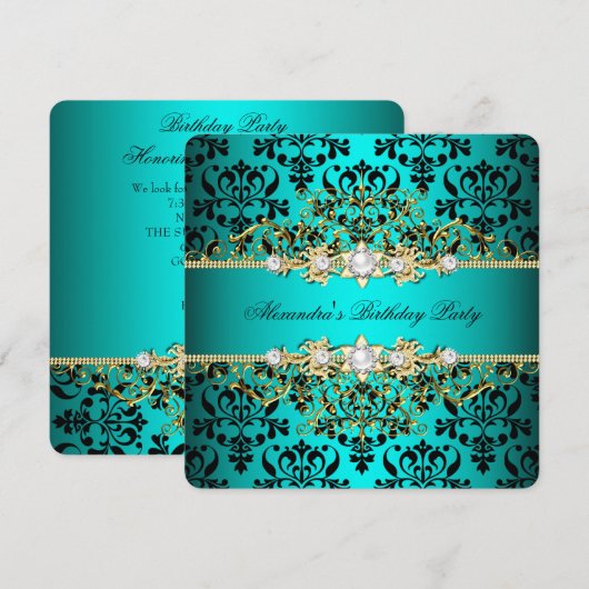 Elegant Blauwgroen Gold Black Damask Birthday Part Kaart (Voorkant / Achterkant)