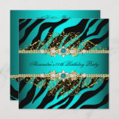 Elegant Blauwgroen Gold Black Zebra Birthday Party Kaart (Voorkant / Achterkant)