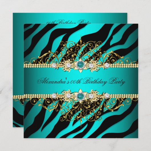 Elegant Blauwgroen Gold Black Zebra Birthday Party Kaart (Voorkant / Achterkant)
