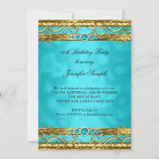 Elegant Blauwgroen Gold Damask Pearl Birthday Part Kaart (Voorkant)