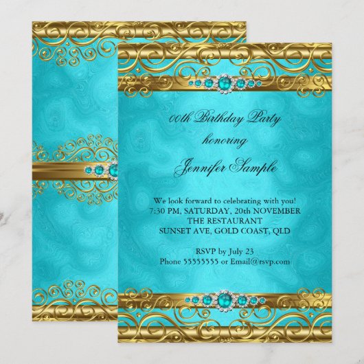 Elegant Blauwgroen Gold Damask Pearl Birthday Part Kaart (Voorkant / Achterkant)