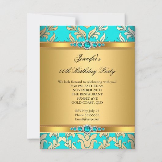 Elegant Blauwgroen Gold Damask Pearl Birthday Part Kaart (Voorkant)