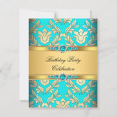 Elegant Blauwgroen Gold Damask Pearl Birthday Part Kaart (Achterkant)