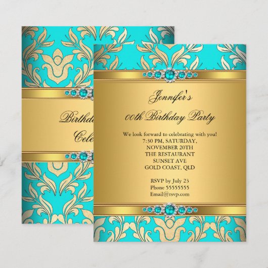 Elegant Blauwgroen Gold Damask Pearl Birthday Part Kaart (Voorkant / Achterkant)