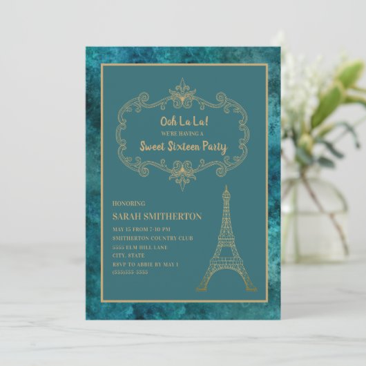 Elegant Blauwgroen Gold Eiffel Tower Sweet 16 Kaart (Staand voorkant)