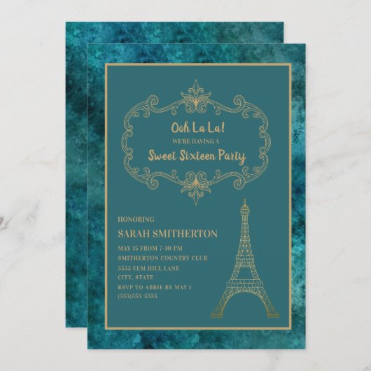 Elegant Blauwgroen Gold Eiffel Tower Sweet 16 Kaart (Voorkant / Achterkant)
