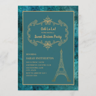 Elegant Blauwgroen Gold Eiffel Tower Sweet 16 Kaart