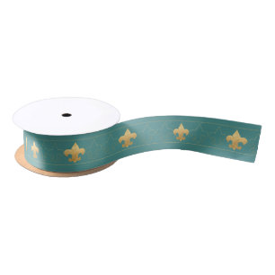 Elegant Blauwgroen & Gold Fleur De Lis Ribbon Satijnen Lint