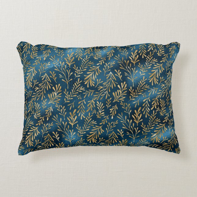 Elegant Blauwgroen Gold Floral Metallic  Stijlvol  Accent Kussen (Voorkant)