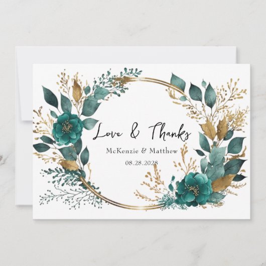 Elegant Blauwgroen Gold Floral Wedding Love & Beda Kaart (Voorkant)
