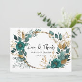 Elegant Blauwgroen Gold Floral Wedding Love & Beda Kaart (Staand voorkant)