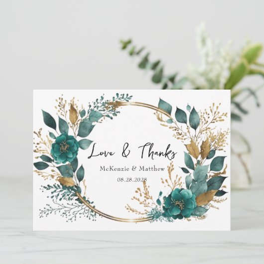 Elegant Blauwgroen Gold Floral Wedding Love & Beda Kaart (Staand voorkant)