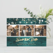 Elegant Blauwgroen Gold Foil Wood Weddenschap 3 Fo Save The Date (Staand voorkant)