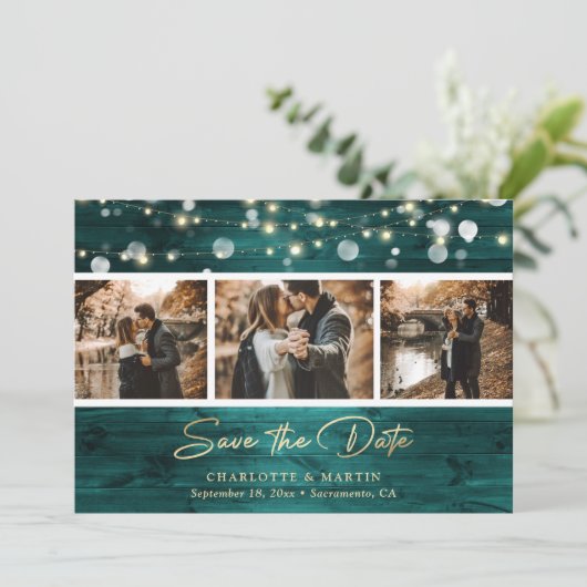 Elegant Blauwgroen Gold Foil Wood Weddenschap 3 Fo Save The Date (Staand voorkant)
