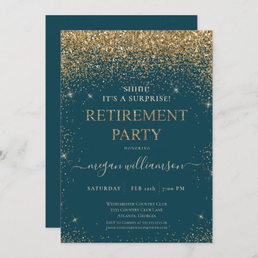 Elegant Blauwgroen Gold Glitter Retirement Party Kaart (Voorkant / Achterkant)