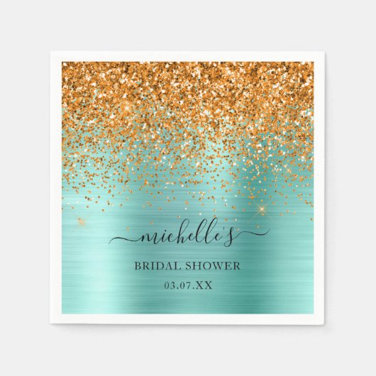 Elegant Blauwgroen Gold Glitter Sparkle Name Scrip Servet (Voorkant)