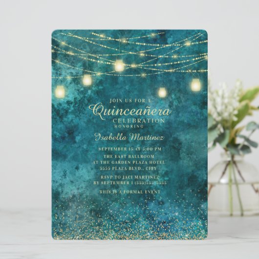 Elegant Blauwgroen Gold Glitter String Light Quinc Kaart (Staand voorkant)