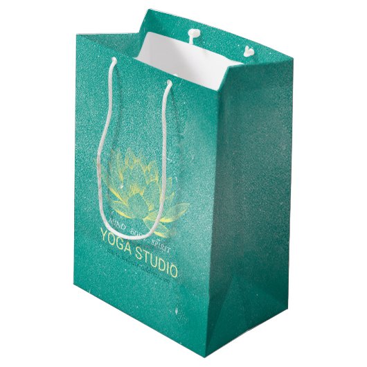 Elegant Blauwgroen Gold Lotus YOGA MEDICATIEInstru Medium Cadeauzakje (Achterkant Gekanteld)