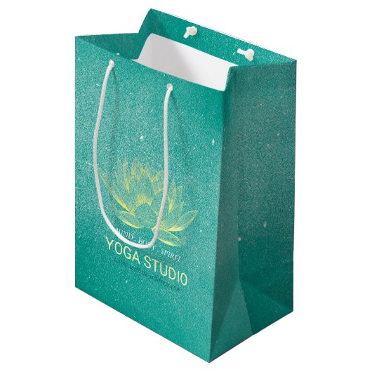 Elegant Blauwgroen Gold Lotus YOGA MEDICATIEInstru Medium Cadeauzakje (Voorkant Gekanteld)