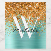 Elegant Blauwgroen Gold Monogram Glitter Girly Nam Wijn Etiket (Enkel label)