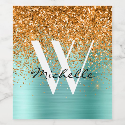 Elegant Blauwgroen Gold Monogram Glitter Girly Nam Wijn Etiket (Enkel label)