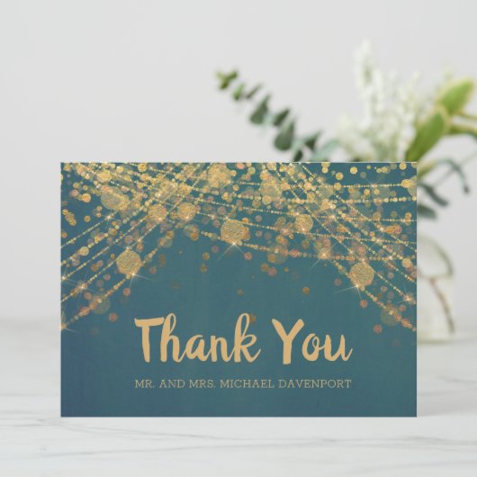 Elegant Blauwgroen Gold String Lights Bokeh Weddin Bedankkaart (Staand voorkant)