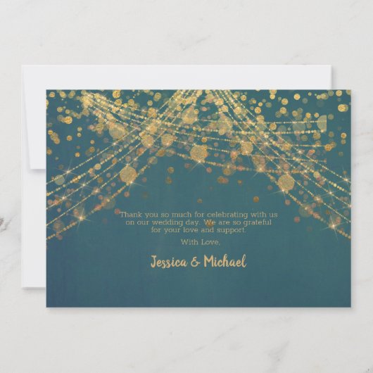 Elegant Blauwgroen Gold String Lights Bokeh Weddin Bedankkaart (Achterkant)
