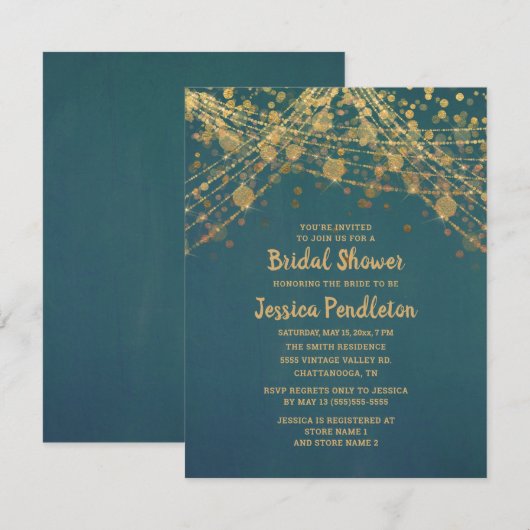 Elegant Blauwgroen Gold String Lights Vrijgezellen Kaart (Voorkant / Achterkant)