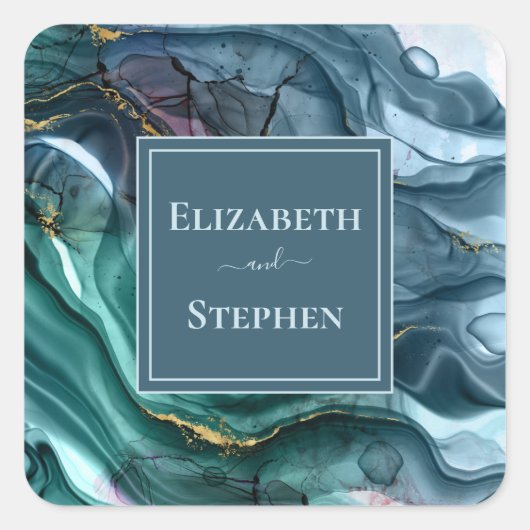 Elegant Blauwgroen & Gold Wedding Square Sticker (Voorkant)