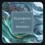 Elegant Blauwgroen & Gold Wedding Square Sticker<br><div class="desc">Elegant Blauwgroen en Gold Agate Wedding Design. De sjabloon is zo ingesteld dat je je trouwgegevens eraan kunt toevoegen. U kunt de kleur en de stijl van de doopvont veranderen door verder aan het eind van de sjabloon te klikken. Matchingkantoorbenodigdheden en partijbenodigdheden zijn beschikbaar</div>
