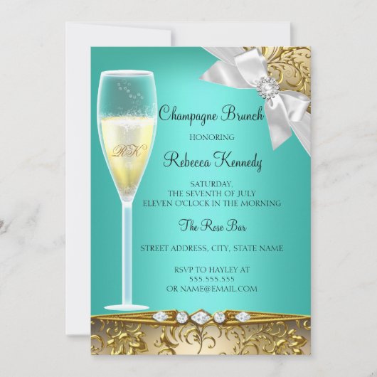 Elegant Blauwgroen Gold White Champagne Brunch Inv Kaart (Voorkant)