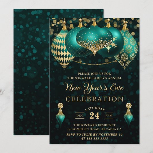 Elegant Blauwgroen & Gold Winter Baubles Nieuwjaar Kaart (Voorkant / Achterkant)