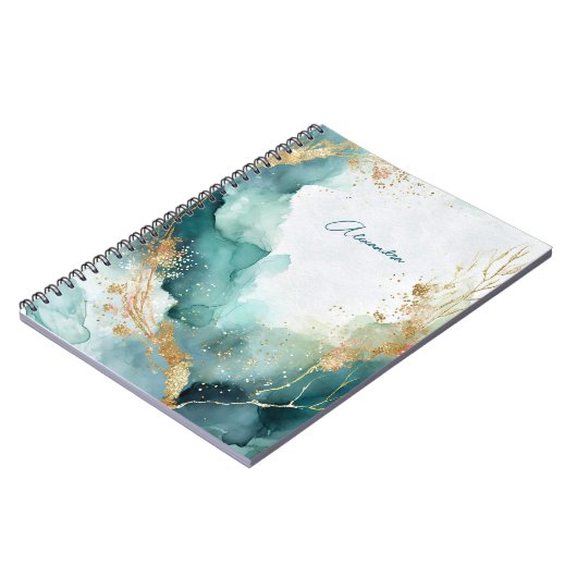 Elegant Blauwgroen Goud Abstracte Waterverf Custom Notitieboek (Linkerzijde)