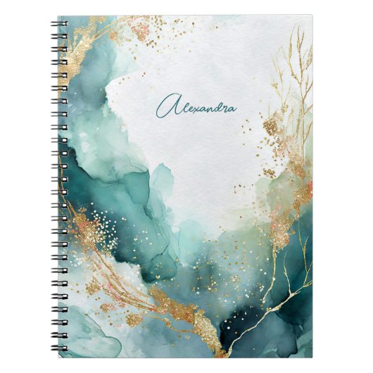 Elegant Blauwgroen Goud Abstracte Waterverf Custom Notitieboek (Voorkant)