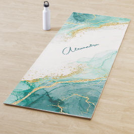 Elegant Blauwgroen Goud Abstracte Waterverf Custom Yogamat