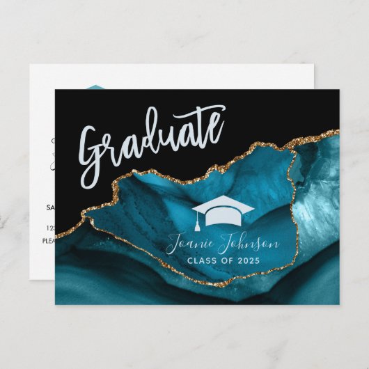 Elegant Blauwgroen Goud Afstudeerfeest Aankondigingskaart (Voorkant / Achterkant)