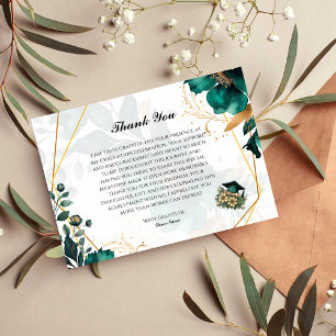 Elegant Blauwgroen & Goud Bloemen Afstuderen Dank  Kaart