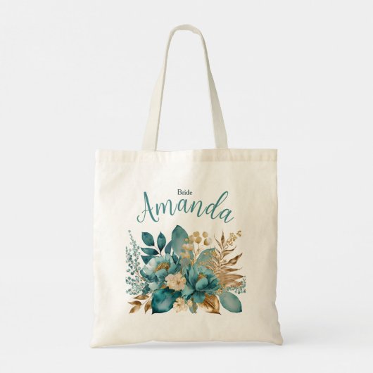 Elegant Blauwgroen & Goud Bloemen bruid Tote Bag (Achterkant)