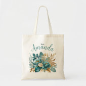 Elegant Blauwgroen & Goud Bloemen bruid Tote Bag (Voorkant)
