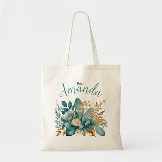 Elegant Blauwgroen & Goud Bloemen bruid Tote Bag (Voorkant)