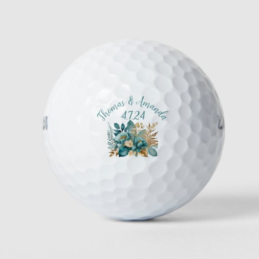 Elegant Blauwgroen & Goud Bloemen Bruiloft gunst Golfballen (Voorkant)