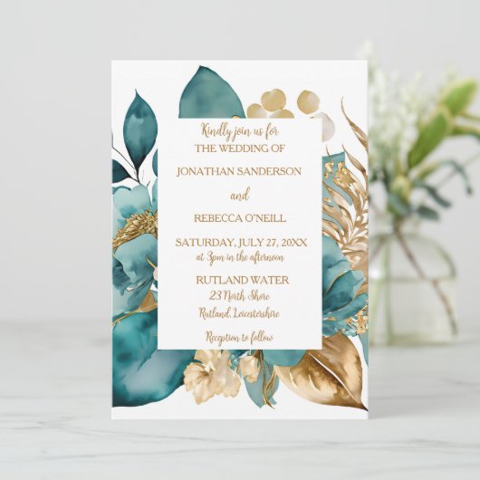 Elegant Blauwgroen & Goud Bloemen bruiloft Kaart (Staand voorkant)