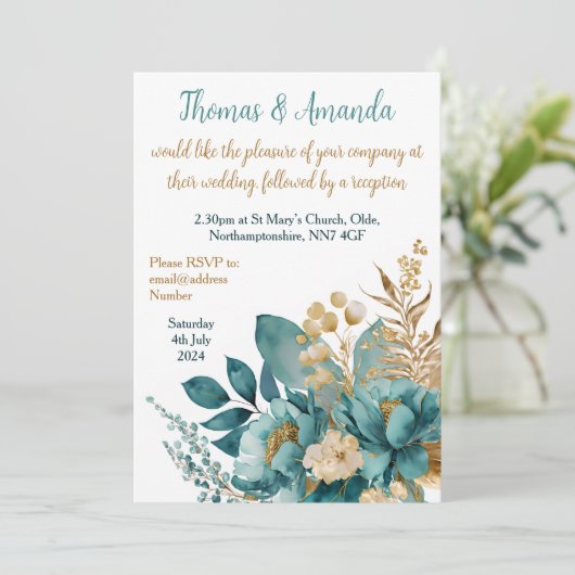 Elegant Blauwgroen & Goud Bloemen bruiloft Kaart (Staand voorkant)