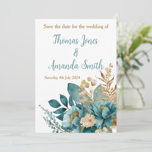 Elegant Blauwgroen & Goud Bloemen Flat Save De Dat Save The Date (Staand voorkant)