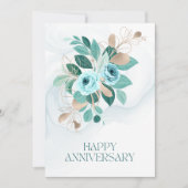 Elegant Blauwgroen Goud Bloemen Gelukkig Jubileum Feestdagenkaart (Voorkant)