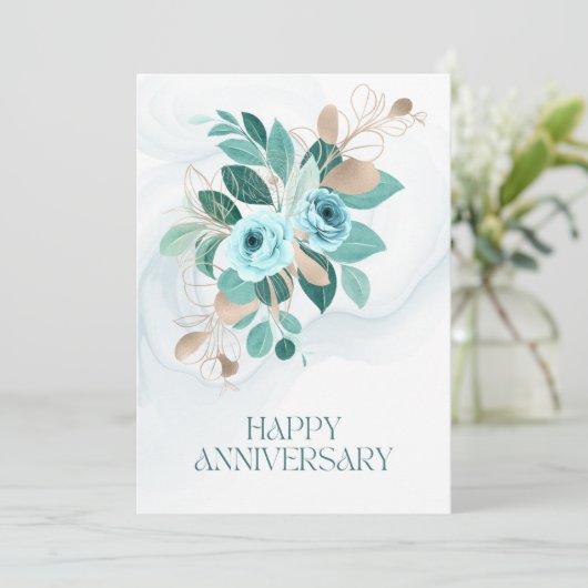 Elegant Blauwgroen Goud Bloemen Gelukkig Jubileum Feestdagenkaart (Staand voorkant)