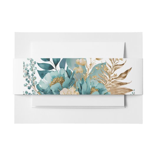 Elegant Blauwgroen & Goud Bloemen Invitation Belly Uitnodigingen Wikkel (Voorkant Voorbeeld)